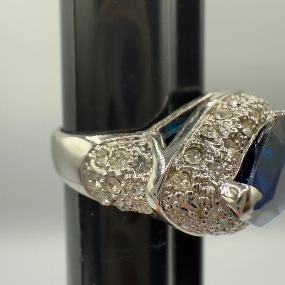 Beautiful Pear-Shaped Blue Glass Halo Ring with CZ Encrusted Base - Statement